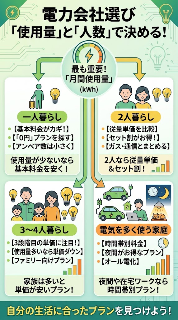電力会社を電気使用量・世帯人数で選ぶ