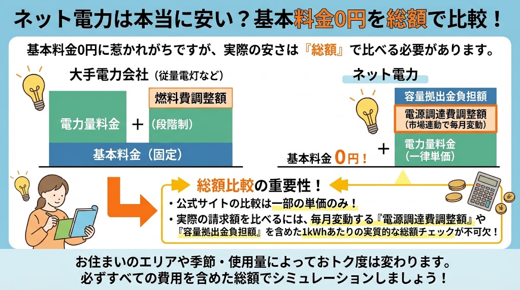 ネット電力は本当に安い?基本料金0円を総額で比較