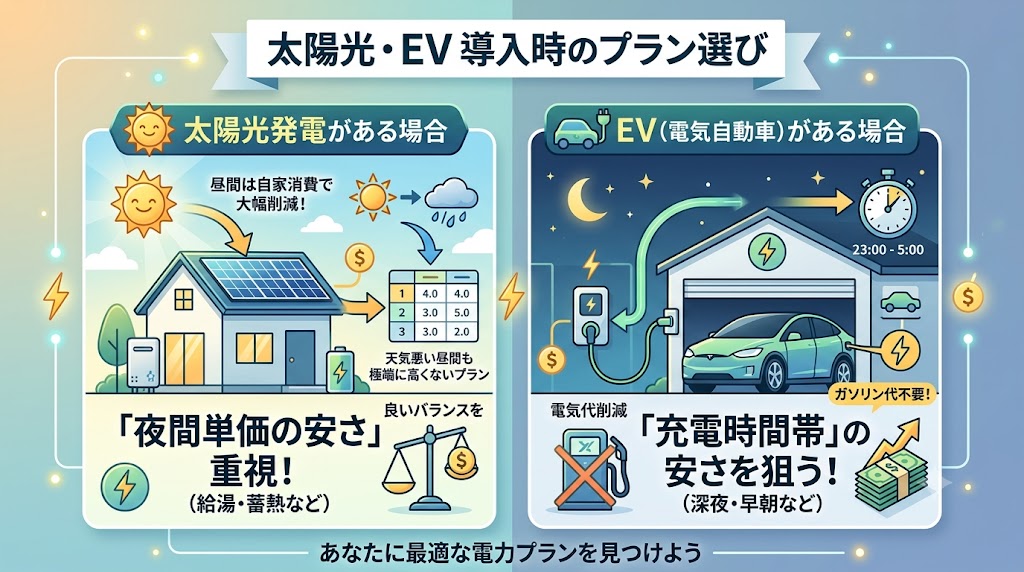 太陽光発電やEV(電気自動車)がある場合の選び方