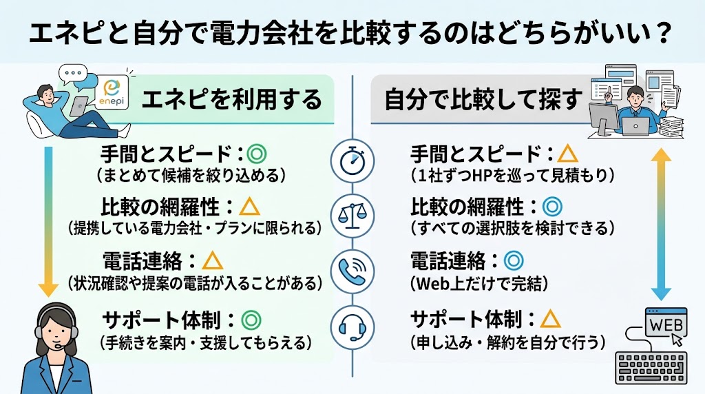 エネピと自分で電力会社を比較するのはどちらがいい?